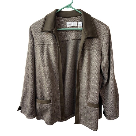 Alfred Dunner Jacket Womens Size 14 Brown Open Front Collared Herringbone - Picture 1 of 7